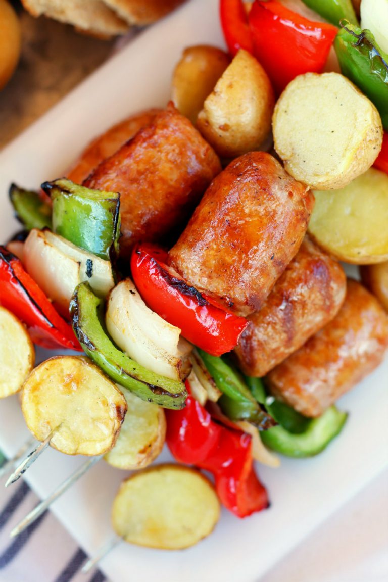 Sausage, Pepper, Onion, and Potato Kebabs