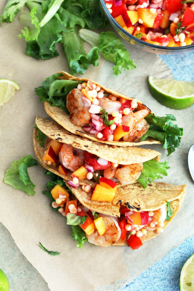 grilled shrimp tacos with peach corn salsa