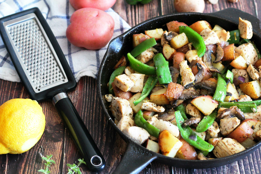 one pan chicken, potato, pepper, and mushroom skillet