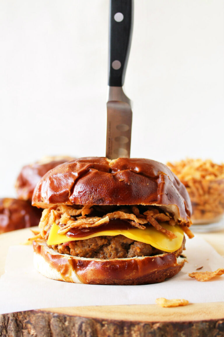 Barbecue Meatloaf Burgers with Crispy Fried Onions