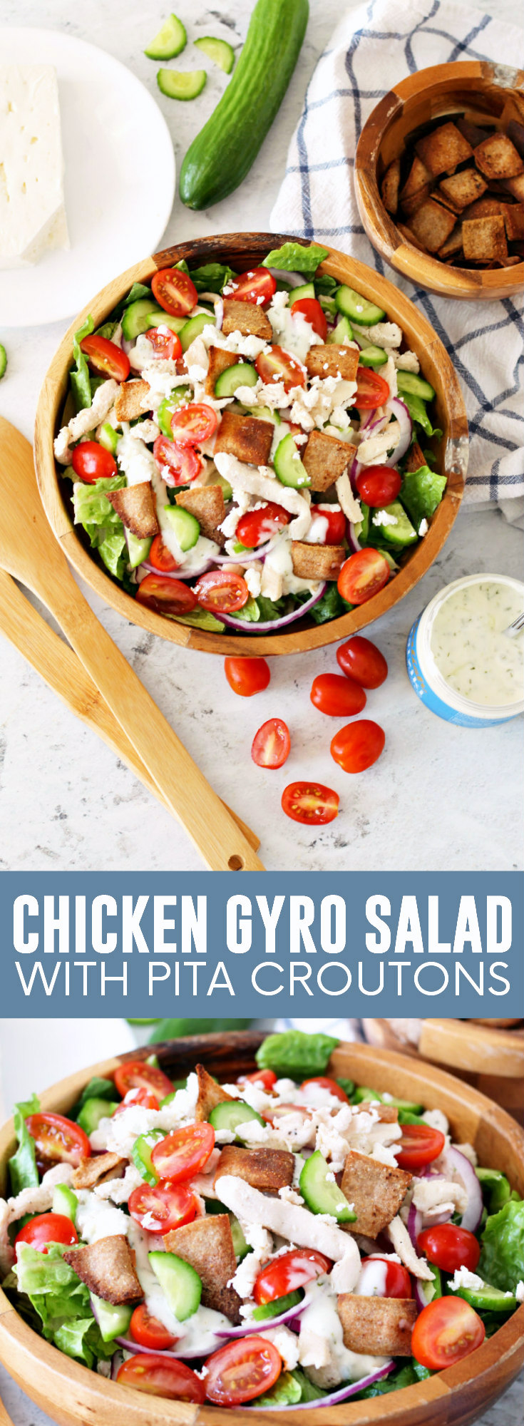 Chicken Gyro Salad with Pita Croutons pinnable image.