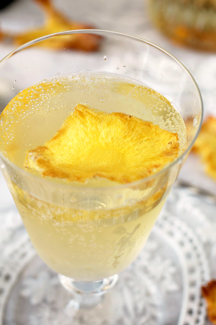Close up of Passion Fruit Pineapple Spritz cocktail.