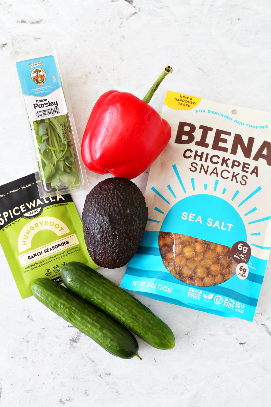 Flat lay photos of Crispy Chickpea and Avocado Salad ingredients.