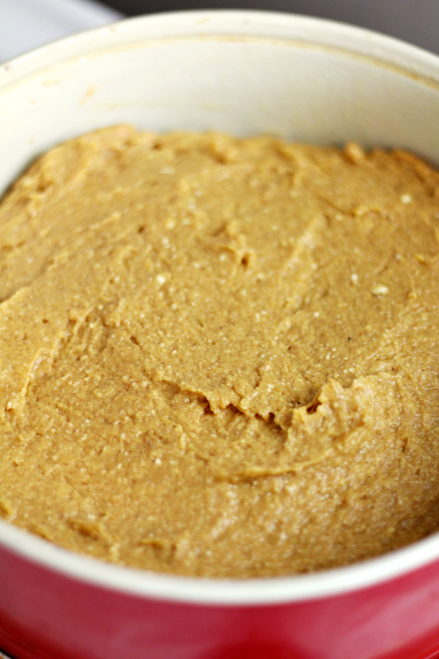 Pumpkin Spice Ricotta Cake batter spread in springform pan.