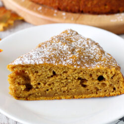 Horizontal closeup photo of Pumpkin Spice Ricotta Cake slice.