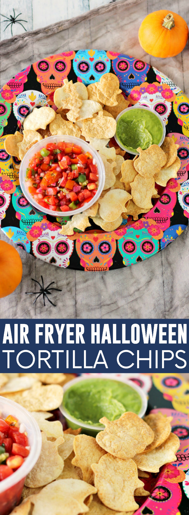 Air Fryer Halloween Tortilla Chips pinnable image.