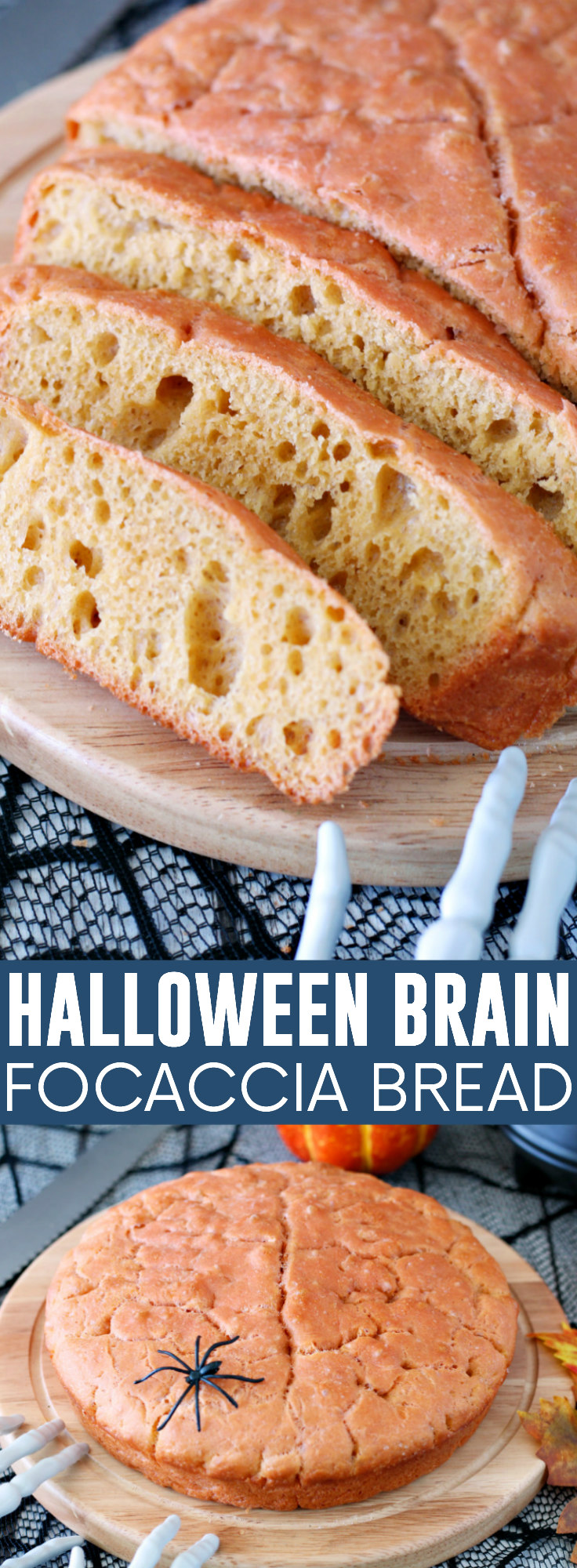 Halloween Brain Focaccia Bread pinnable image.