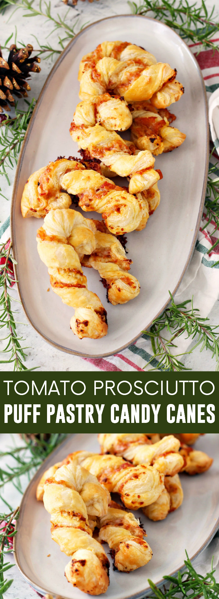 Tomato Prosciutto Puff Pastry Candy Canes pinnable image.