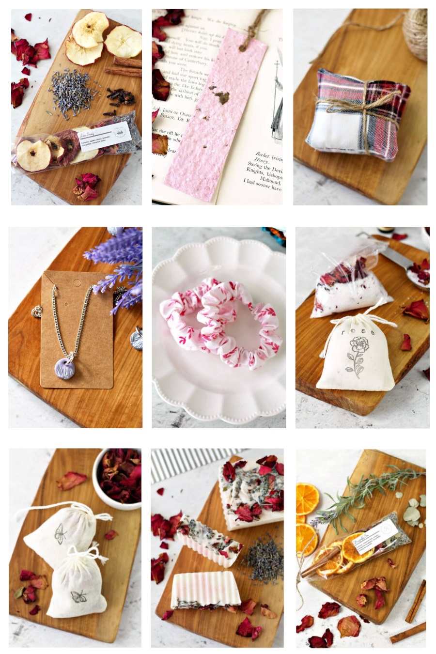 Collage of Valentine's Day items from Holoka Home on Etsy. Items include simmer pot kits, handmade bookmarks, hand warmers, herb pressed jewelry, scrunchies, bath salts, sachets, and floral soap.