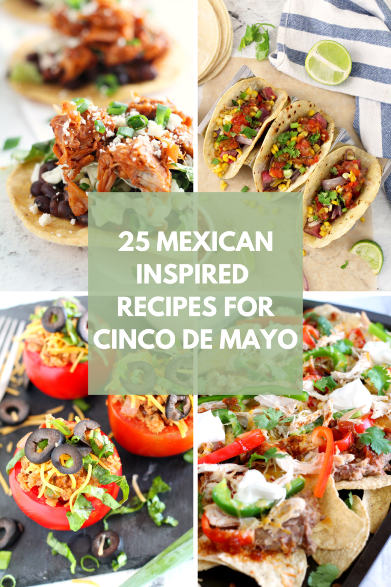 Collage of recipes perfect for your Cinco de Mayo celebration. Photos include black bean tostadas, steak tacos, taco stuffed tomatoes, and sheet pan chicken nachos.