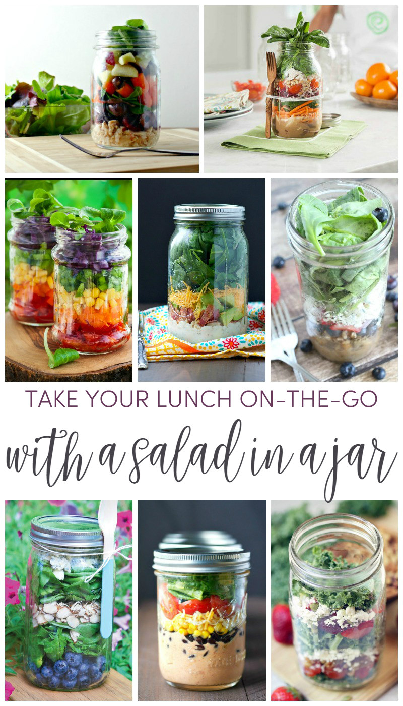 Collage of 8 different mason jar salad lunches on-the-go.