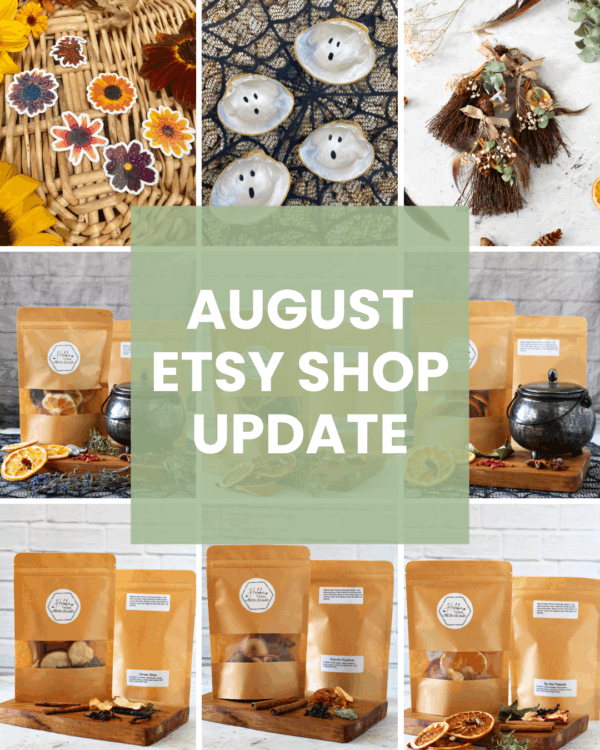 Collage of August Etsy shop update items including simmer pot kits, fall stickers, Halloween ghost painted shells, and mini scented fall brooms.