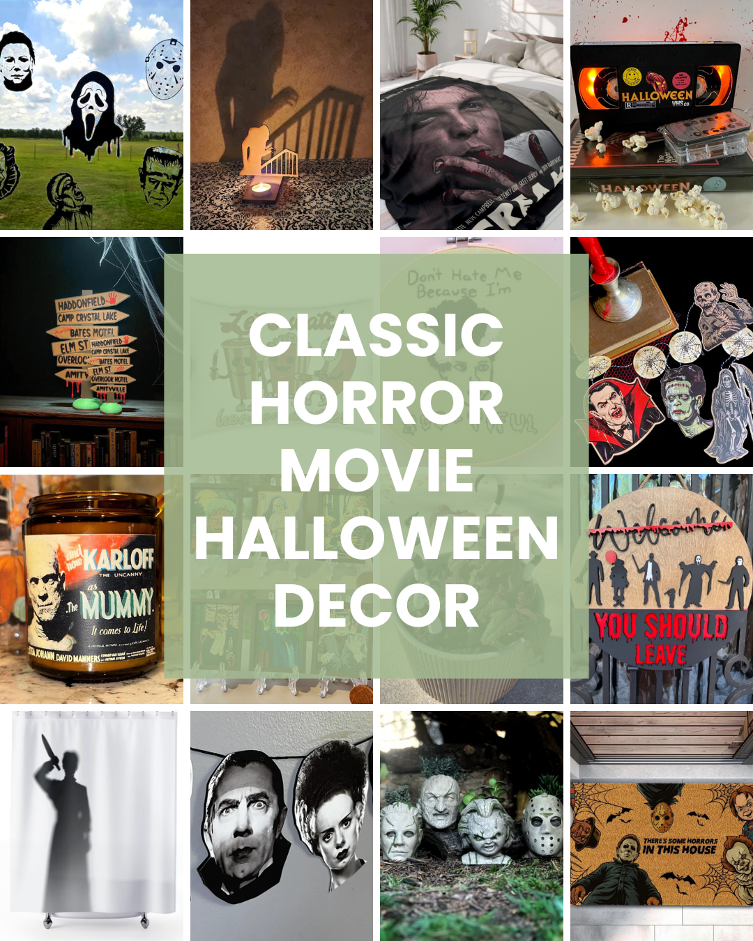 Collage of classic horror movie decor finds from Etsy including window clings, lighting, blankets, signs, garland, candles, and more.