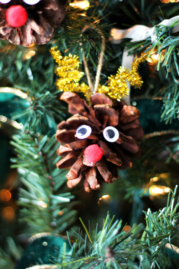 DIY Pine Cone Reindeer Ornament hangs on lit Christmas tree.