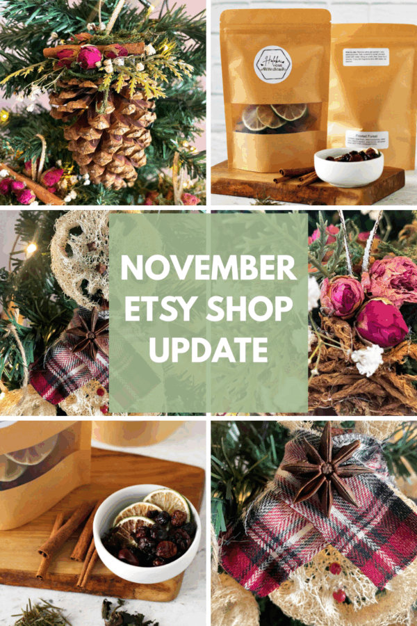 Collage of handmade ornaments and simmer pot kits from Holoka Home on Etsy as part of the November Etsy Shop Update.