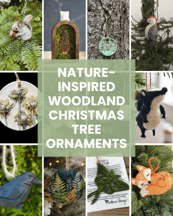Collage of handmade, nature-inspired woodland ornaments from various shops on Etsy.