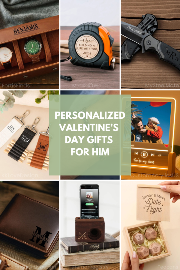 Collage of personalized gifts for him including watch box, tape measure, pocket knife, golf bag tag, song plaque, wallet, wooden phone speaker, and date night dice set.