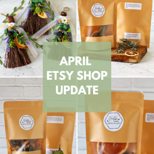 Collage of Beltane brooms and new simmer pot kits from Holoka Home on Etsy. White text in center reads "April Etsy Shop Update" on a semi-transparent sage green square.