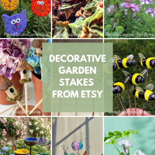 Collage of unique and handmade garden stakes from Etsy featuring cats, bee, mini bird houses, disco mushrooms, and more.