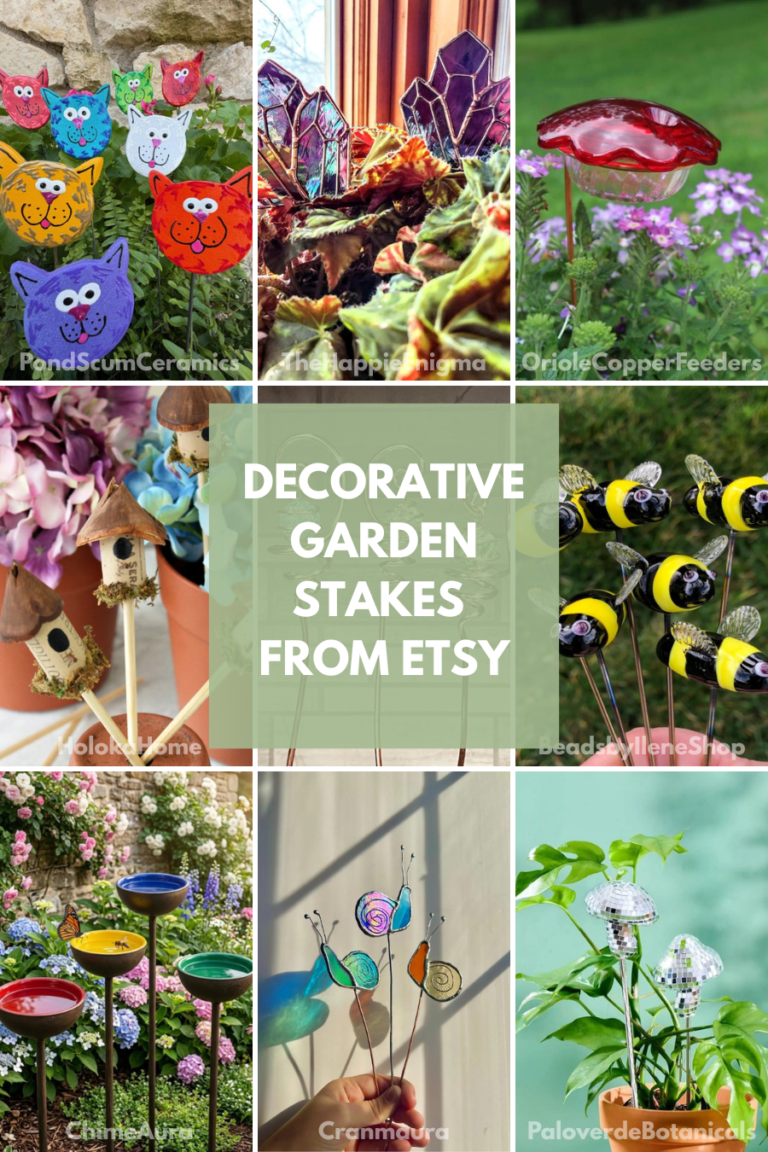 Collage of unique and handmade garden stakes from Etsy featuring cats, bee, mini bird houses, disco mushrooms, and more.