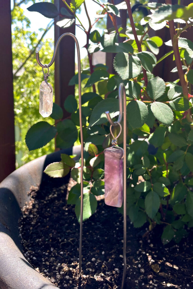 Clear quartz and amethyst crystal garden stakes sit in potted rose planter.