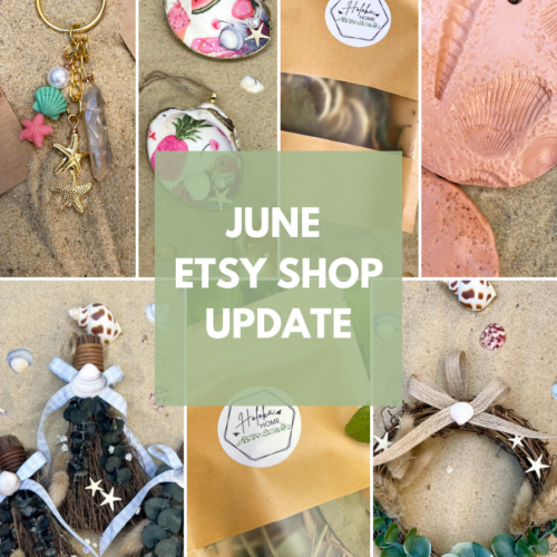 Collage of June Etsy shop update items including keychains, decoupaged shell ornaments, simmer pots, shell stamped ornaments, summer mini brooms, and a coastal cottage wreath.