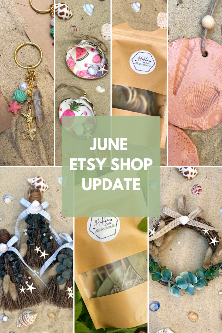 Collage of June Etsy shop update items including keychains, decoupaged shell ornaments, simmer pots, shell stamped ornaments, summer mini brooms, and a coastal cottage wreath.