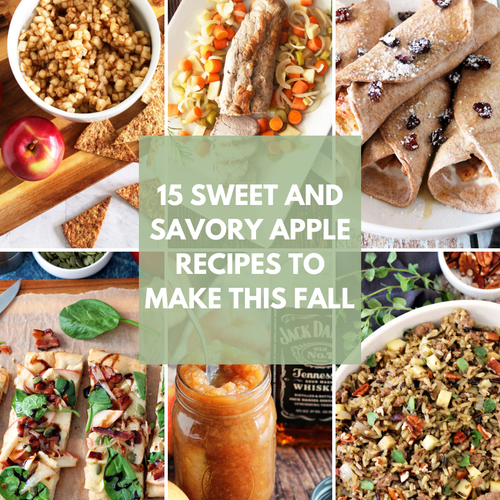 Collage of apple recipes including apple pie salsa, slow cooker pork tenderloin, apple cinnamon crepes, apple, bacon, and brie flatbread, boozy applesauce, and sausage and apple wild rice.
