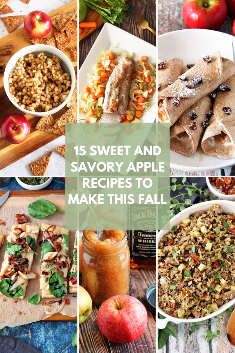 Collage of apple recipes including apple pie salsa, slow cooker pork tenderloin, apple cinnamon crepes, apple, bacon, and brie flatbread, boozy applesauce, and sausage and apple wild rice.